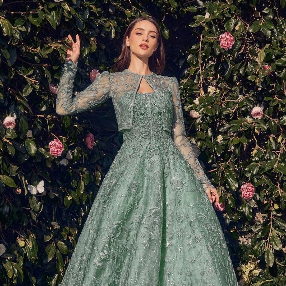 NEW LONG FORMAL A-LINE FLORAL LACE EMBELLISHED GOWN W/ REMOVABLE JACKET CD MA104